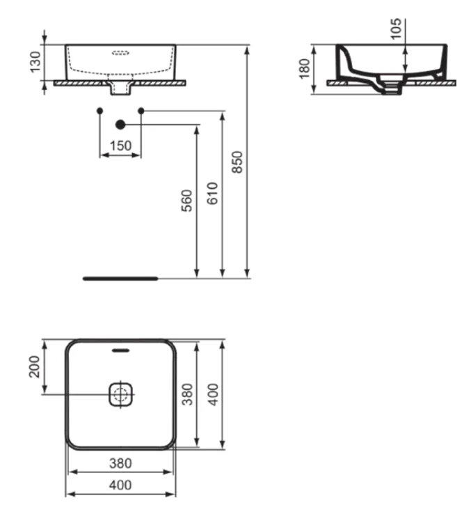 Lavoar pe blat tip bol Ideal Standard Strada II Square cu preaplin 41x41 cm — vedere 5