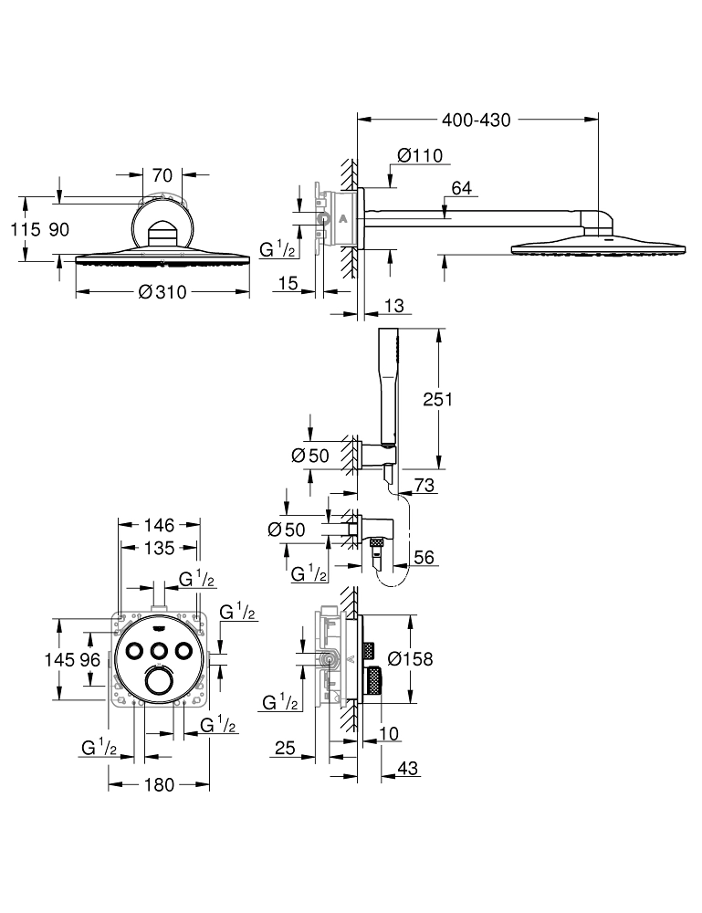 Set de duș îngropat termostatat Grohe Grohtherm Smartcontrol 310 plus corp instalare — 2