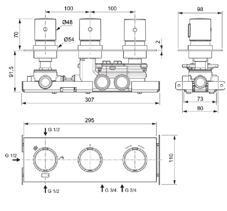 Baterie duș încastrată termostatată 3 cai Ideal Standard CERATHERM C100 A7664XG