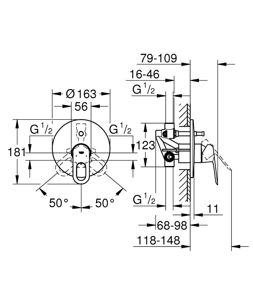 Baterie duș încastrată 2 cai (+ set instalare) Grohe Bauloop 29081000/29081001 — 2