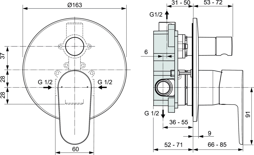 Baterie duș încastrată 2 cai (+ set instalare) Ideal Standard Cerafine O A7193XG