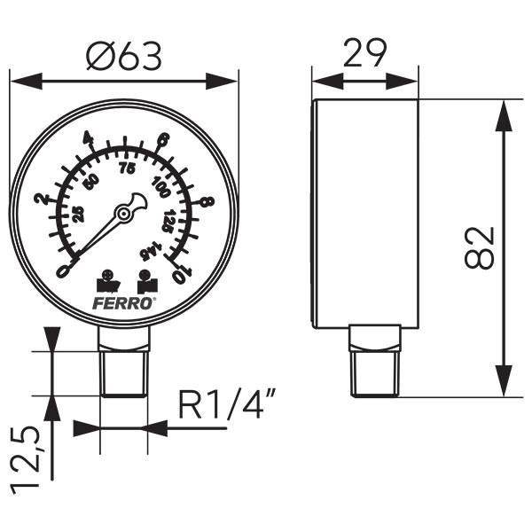 Manometru 63mm* 1/4" vertical 0-10 bari Ferro M6310R — 2
