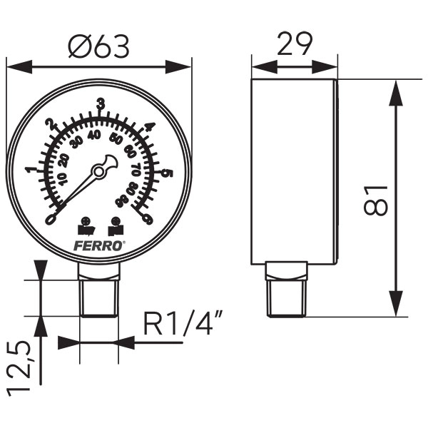 Manometru 63mm* 1/4" vertical 0-6 bari Ferro M6306R — 2