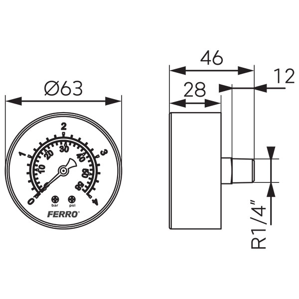 Manometru 63mm* 1/4" orizontal 0-4 bari Ferro M6304A — 2