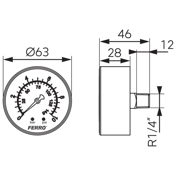 Манометр аксиальный 63mm* 1/4" 0-10 bar Ferro M6310A