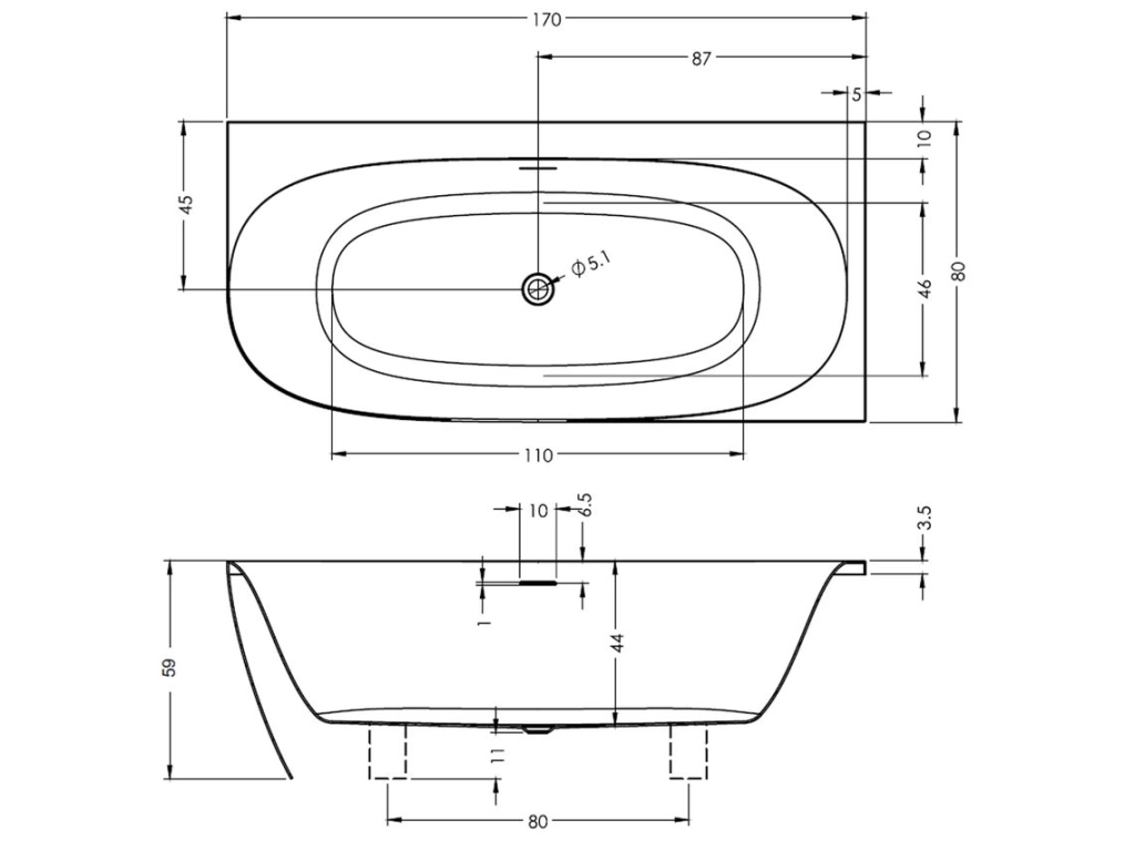 Ванна пристенная угловая Riho Omega L 170x80 (опора + сифон) B098001005