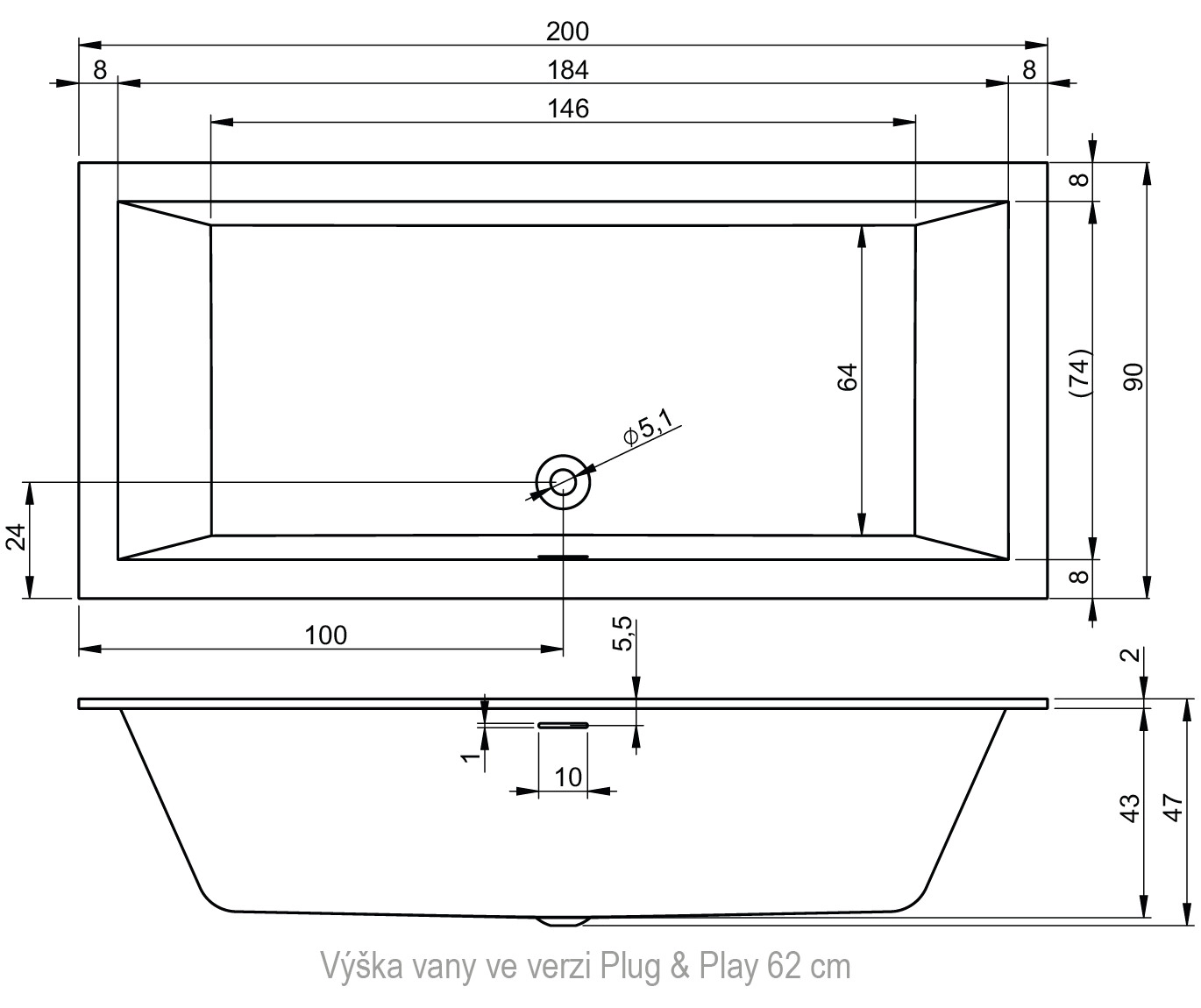 Cada acril Riho Still Rethink Plug&Play 200x90 (L) — 2