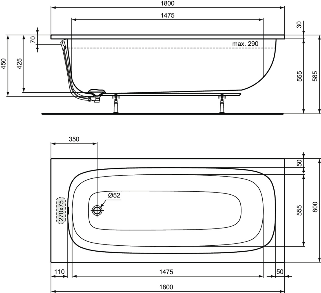 Ванна акриловая Ideal Standard i.life 180x80 T476201