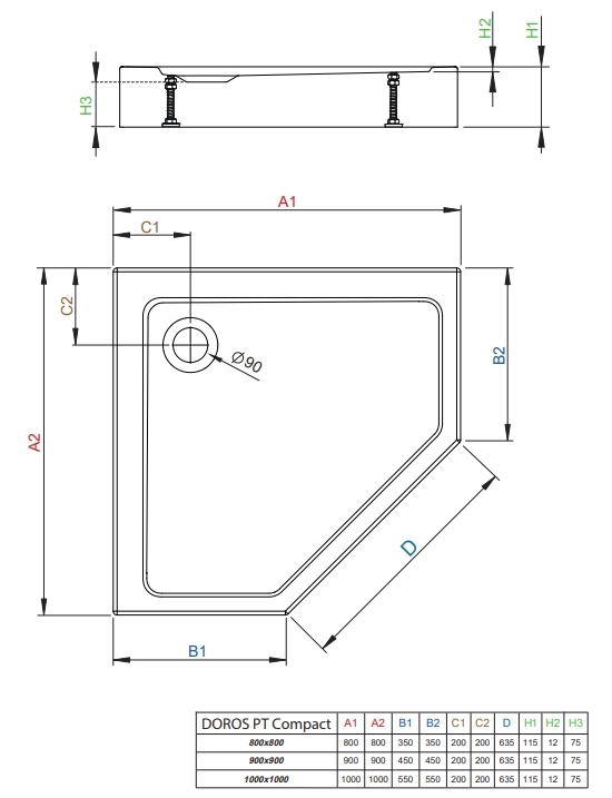 Cadita dus Radaway Doros PT Piatra neagra 90x90x115 (SDRPTP9090-05-54S)
