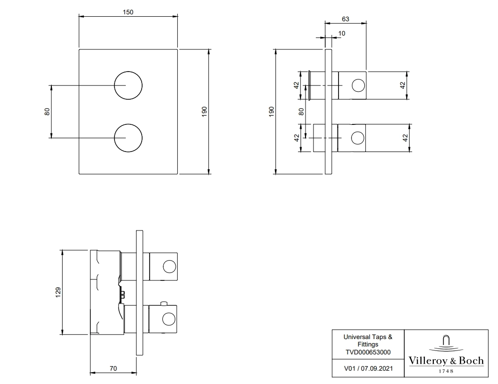 Встраиваемый термостатический смеситель для душа 2 режима Villeroy&Boch Brushed Nickel