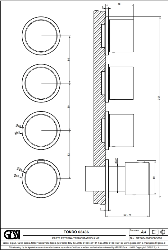 Baterie duș încastrată termostatată 3 cai Gessi Tondo — 2