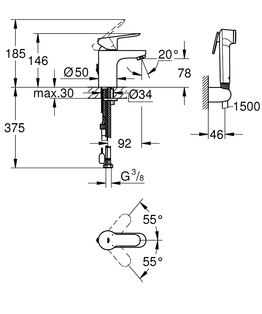 Baterie lavoar cu duș igienic Grohe Bauedge — 2