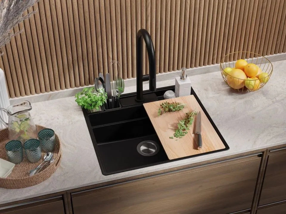 Гранитная кухонная мойка Primagran New York Multispace Black + аксессуары 580x530
