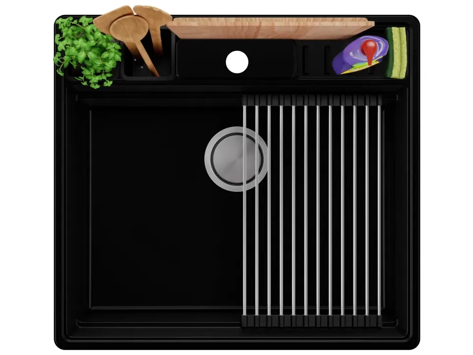 Гранитная кухонная мойка Primagran New York Multispace Black + аксессуары 580x530