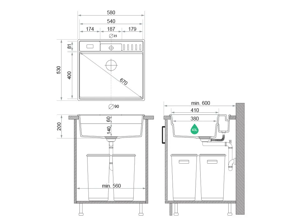 Гранитная кухонная мойка Primagran New York Multispace Black + аксессуары 580x530 — 8