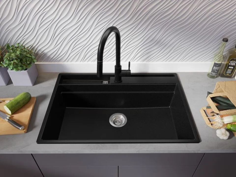 Chiuveta granit Primagran Oslo Pocket Multilevel Black + accesorii 780x530