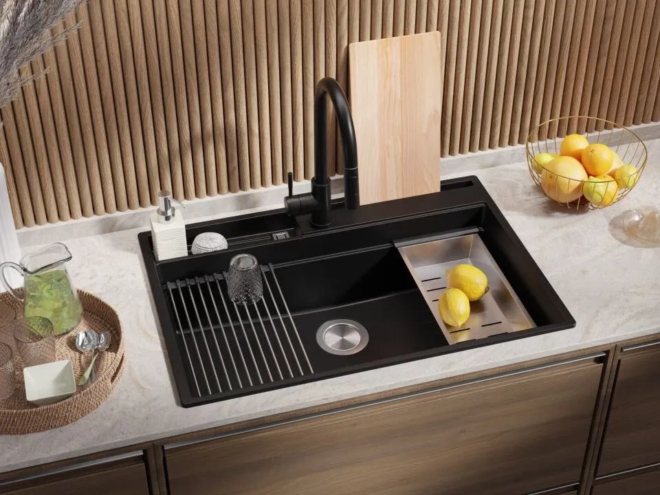Chiuveta granit Primagran Oslo Pocket Multilevel Black + accesorii 780x530