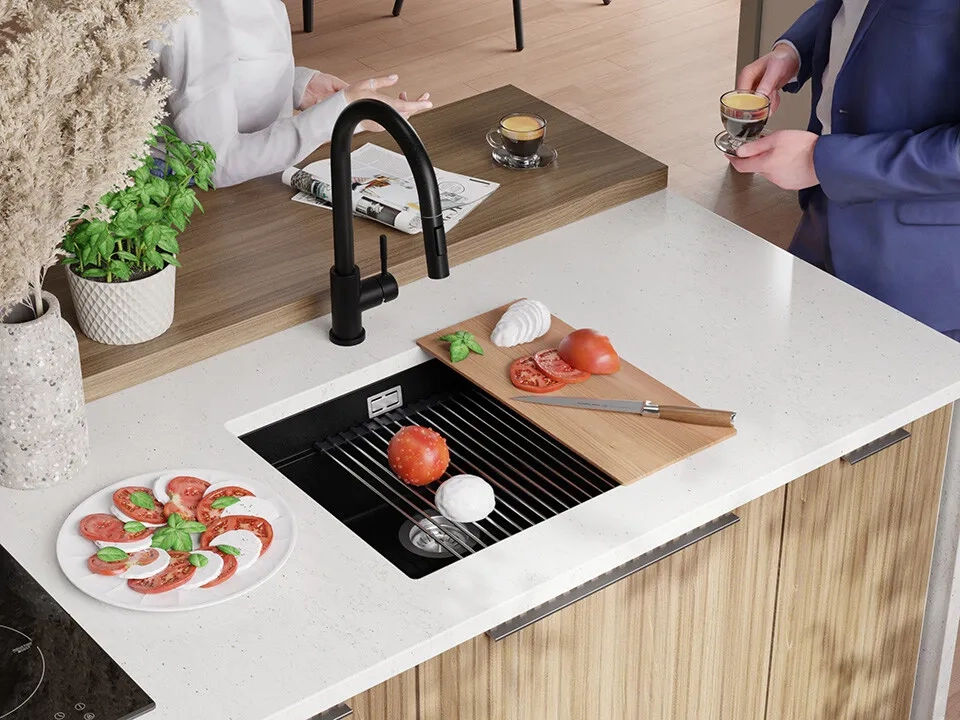 Chiuveta granit sub blat Primagran Prague Black + accesorii 470x560