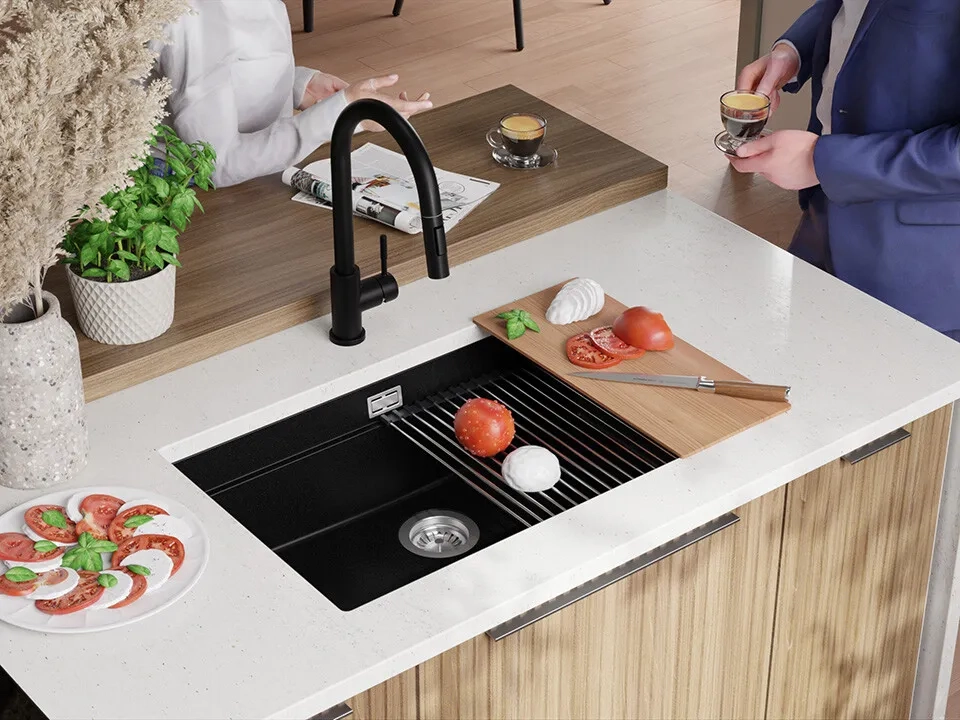 Chiuveta granit sub blat Primagran Prague Black + accesorii 470x760