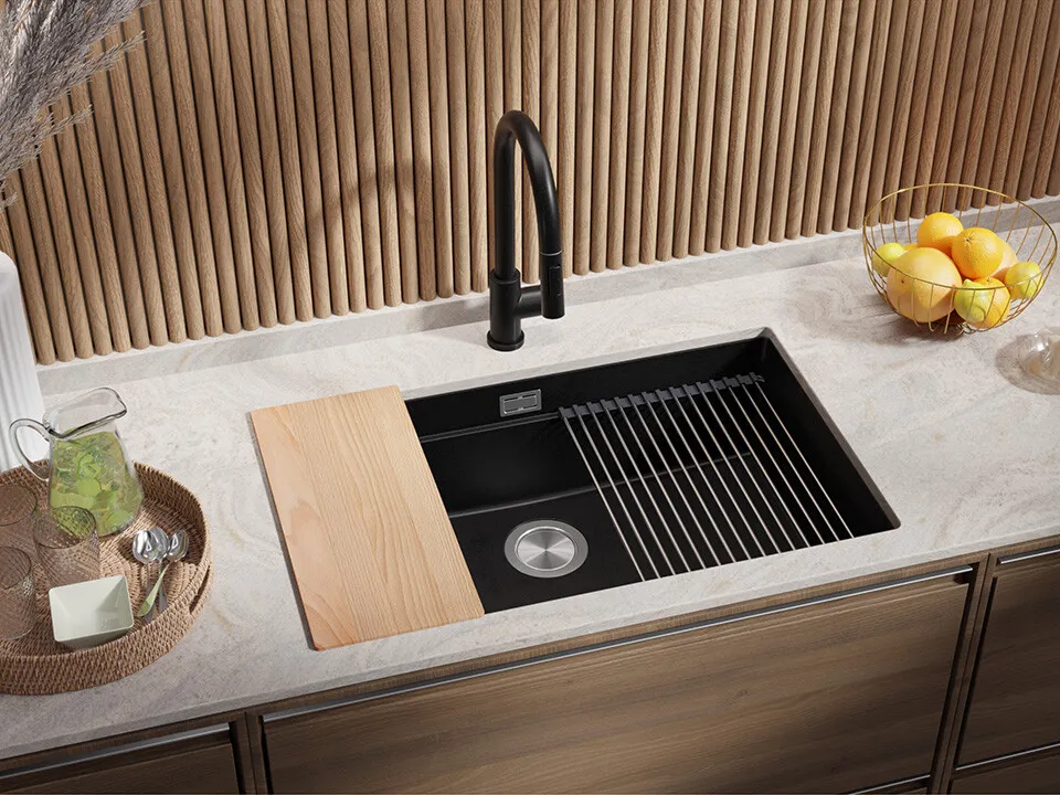 Chiuveta granit sub blat Primagran Prague Black + accesorii 470x760