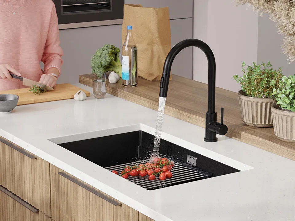 Chiuveta granit sub blat Primagran Prague Black + accesorii 470x760